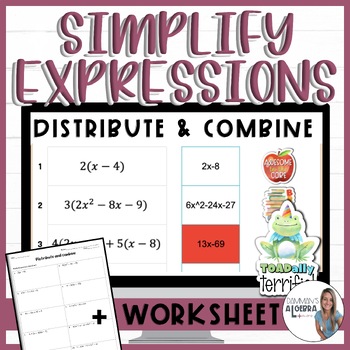 Preview of Simplify expressions using the distributive property self-checking worksheet