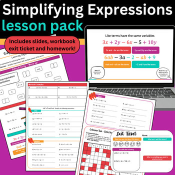 Preview of Simplifying Algebra Expressions Lesson Pack - Slides, Workbook, Exit Tickets, HW
