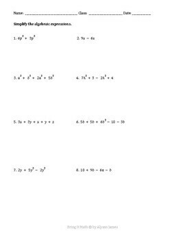 Preview of Simplifying Algebraic Expressions