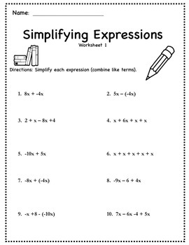 simplifying algebraic expressions activity worksheet bundle tpt