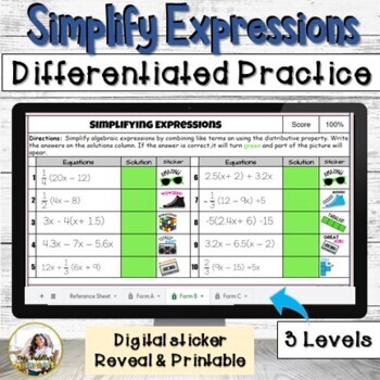 Preview of Simplifying Algebraic Expressions Activity Differentiated Practice 