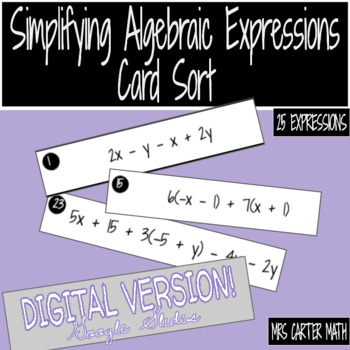 Preview of Simplifying Algebraic Expressions Card Sort - Digital -Google Slides