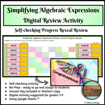 Preview of Simplifying Algebraic Expressions Digital Review Activity Progress Reveal