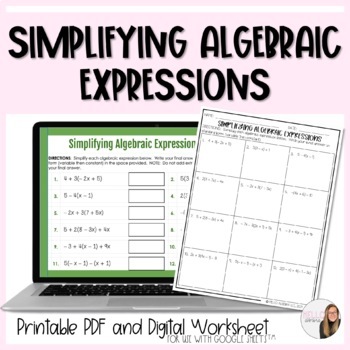 Preview of Simplifying Algebraic Expressions Digital and Paper Worksheet