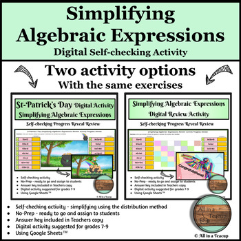 Preview of Simplifying Algebraic Expressions Mini Set Digital Activities St-Patricks / Bird