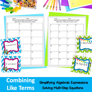 Preview of Simplifying Algebraic Expressions & Solving Multi-Step Equations Task Cards