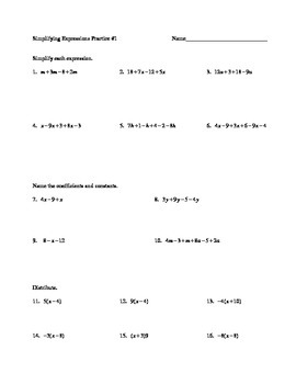 Preview of Simplifying Algebraic Expressions - Worksheets and Quiz (Combine Like Terms)