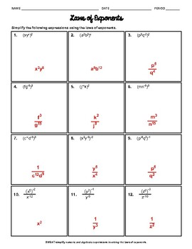 Preview of Simplifying Algebraic Expressions using the Laws of Exponents Worksheet