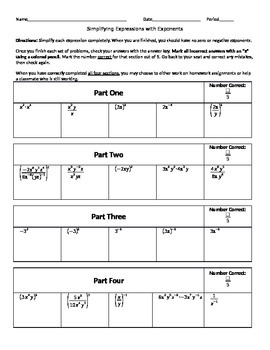 Preview of Simplifying Exponents Practice -- EDITABLE!