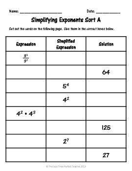 Simplifying Exponents Sort and Worksheets by The Less Than Perfect Teacher