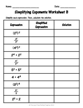 Simplifying Exponents Sort and Worksheets by The Less Than Perfect Teacher