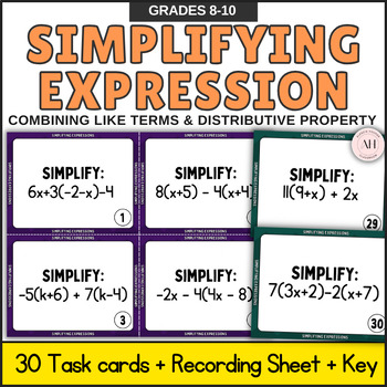 Preview of Simplifying Expression Algebra Task Cards {Distribute and Combine Like Terms}