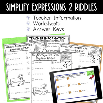 Simplifying Expressions Math Riddles Worksheets No Prep Print Digital