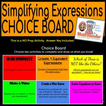 Preview of Simplifying Expressions Choice Board Assessment/Project