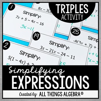 Preview of Simplifying Expressions (Distribute and Combine Like Terms) | Triples Activity
