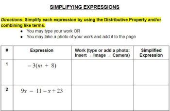 Preview of Simplifying Expressions: Distributing and Combining Like Terms, Virtual Learning