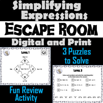 Preview of Simplifying Expressions Activity: Algebra Escape Room Math Breakout Game