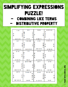 Preview of Simplifying Expressions Puzzle - Distributive Property and Combining Like Terms
