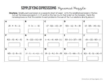 Simplifying Expressions (Distribute and Combine Like Terms) Pyramid Sum