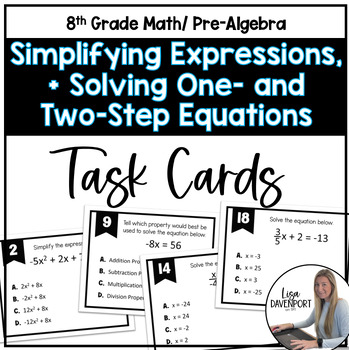 Preview of Simplifying Expressions, Solving One and Two Step Equations Task Cards Review