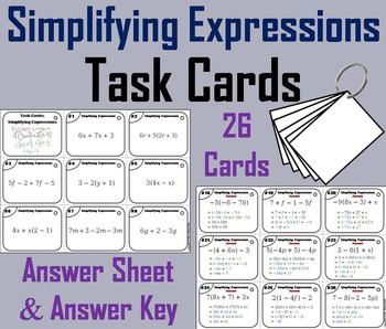 Preview of Simplifying Expressions Task Cards Activity 6th 7th 8th 9th Grade