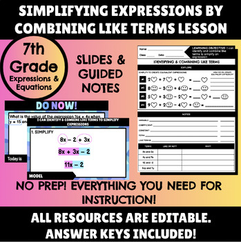 Preview of Simplifying Expressions by Combining Like Terms Lesson: Slides, Notes, HW