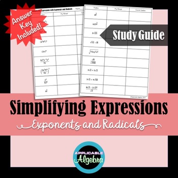 Preview of Simplifying Expressions with Exponents and Radicals - Study Guide - Review