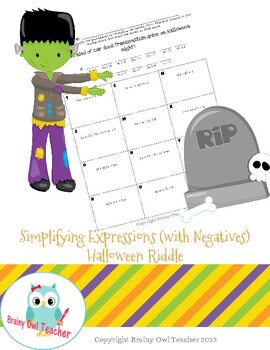 Preview of Simplifying Expressions (with Negatives) Halloween Riddle
