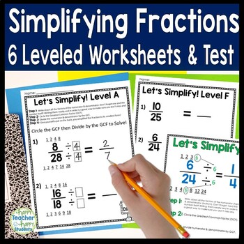 Preview of Simplifying Fractions: 6 Leveled Simplify Fraction Worksheets, Test and Poster