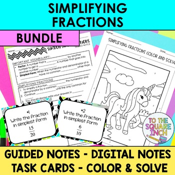 Preview of Simplifying Fractions Notes & Activities | Digital Notes | Task Cards | Coloring