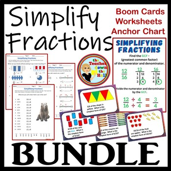 Preview of Simplifying Fractions Bundle I Boom Cards, Worksheets w/ Riddles & Anchor Chart