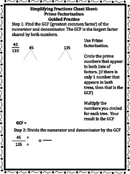 Simplifying Fractions Cheat Sheet (GCF and Prime Factorization) Notes