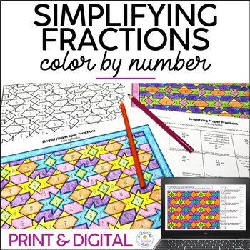 Preview of Simplifying Fractions Color by Number Print Worksheets Math Coloring Sheets