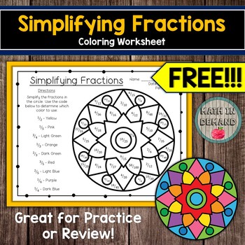 Preview of Simplifying Fractions Coloring Worksheet FREE