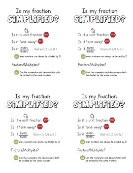 Preview of Simplifying Fractions: Desk Checklist