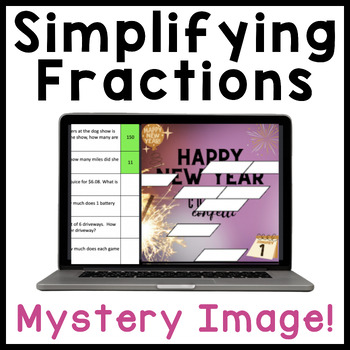 Preview of Simplifying Fractions | Happy New Year | Math Mystery Picture Digital Activity