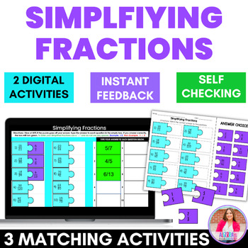 Preview of Simplifying Fractions Match Cut Paste Activity Digital Self Checking Worksheet