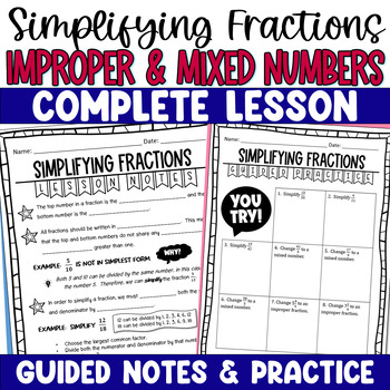 Preview of Simplifying Fractions Mixed Numbers Improper Fractions Lesson Notes & Practice