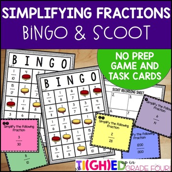 Preview of Simplifying Fractions NO PREP Fraction BINGO Game and SCOOT Task Cards