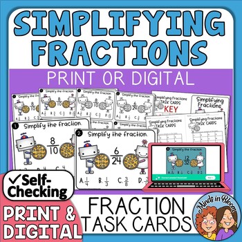 Preview of Simplifying Fractions Task Cards + Self-Checking Easel Assessment