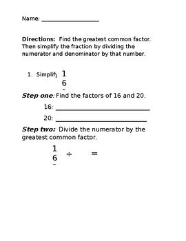 Preview of Simplifying Fractions Worksheet