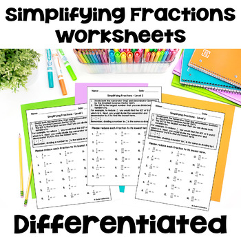 Preview of Simplifying Fractions Worksheets - Differentiated