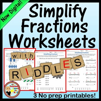 Preview of Simplifying Fractions Worksheets w/ Riddles Print or Digital Fraction Activity 