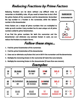 Preview of Simplifying Fractions or reducing fractions by using prime factorization skill