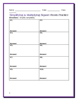 Simplifying & Multiplying Square Roots Practice Worksheet (Editable)