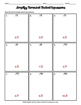 Preview of Simplifying Numerical Radical Expressions Worksheet