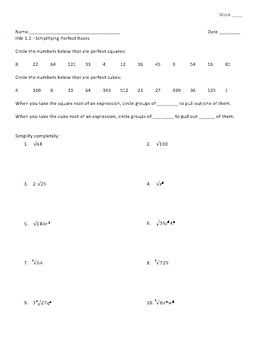 Preview of Simplifying Perfect Square and Cube Roots - Assignment