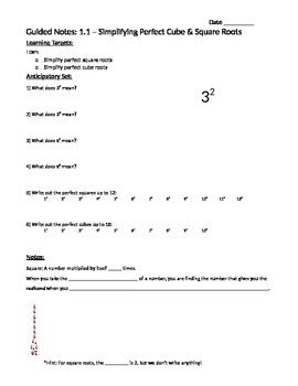 Preview of Simplifying Perfect Square and Cube Roots - Notes