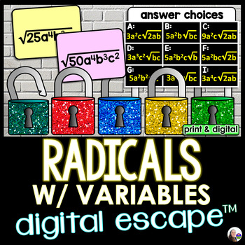 Preview of Simplifying Radical Expressions Digital Math Escape Room {w/ variables} Activity