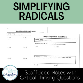 Preview of Simplifying Radical Expressions Guided Notes and Practice Worksheet